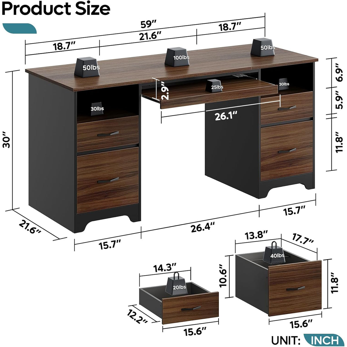 Bestier 59" Computer Desk w/4 Drawers, Industrial Office Desk, Cherry (Open Box)