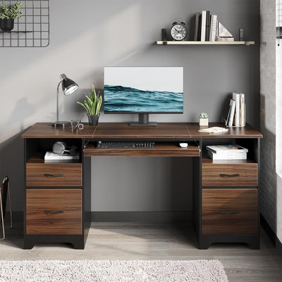 Bestier 59" Computer Desk w/4 Drawers, Industrial Office Desk, Cherry (Open Box)