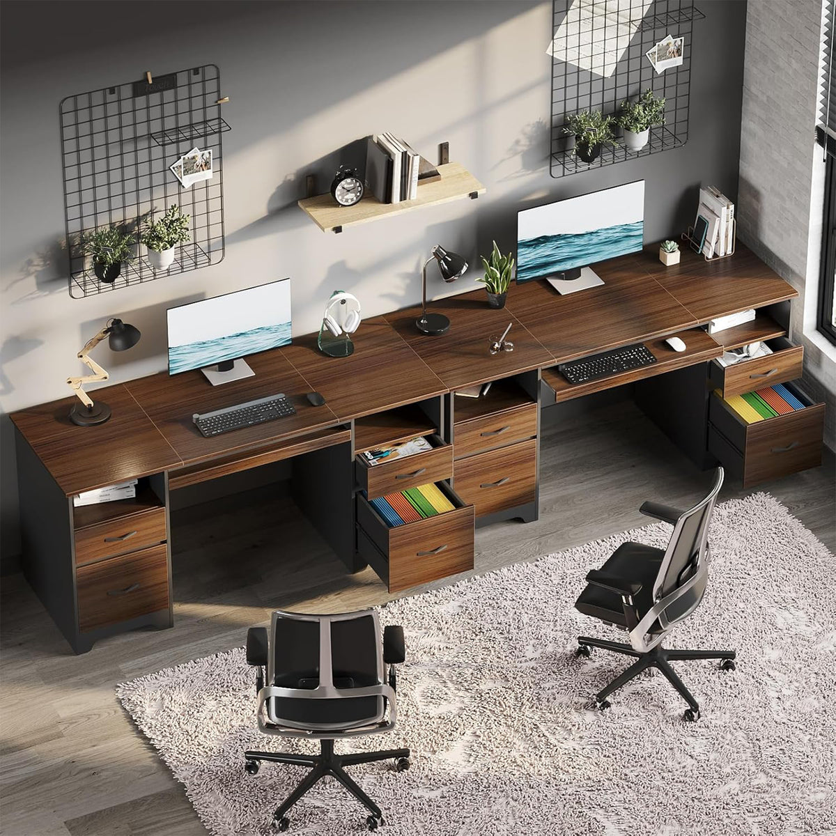 Bestier 59" Computer Desk w/4 Drawers, Industrial Office Desk, Cherry (Open Box)