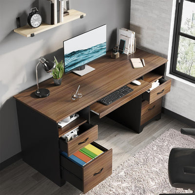 Bestier 59" Computer Desk w/4 Drawers, Industrial Office Desk, Cherry (Open Box)