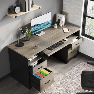 Bestier 59 Inch Computer Desk w/ Storage for Home Office, Grey & Black (Used)
