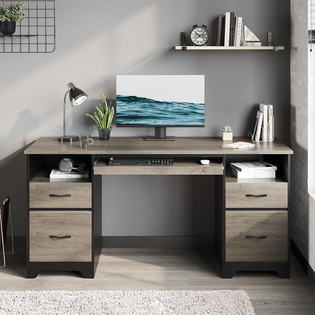 Bestier 59 Inch Computer Desk w/ Storage for Home Office, Grey & Black (Used)
