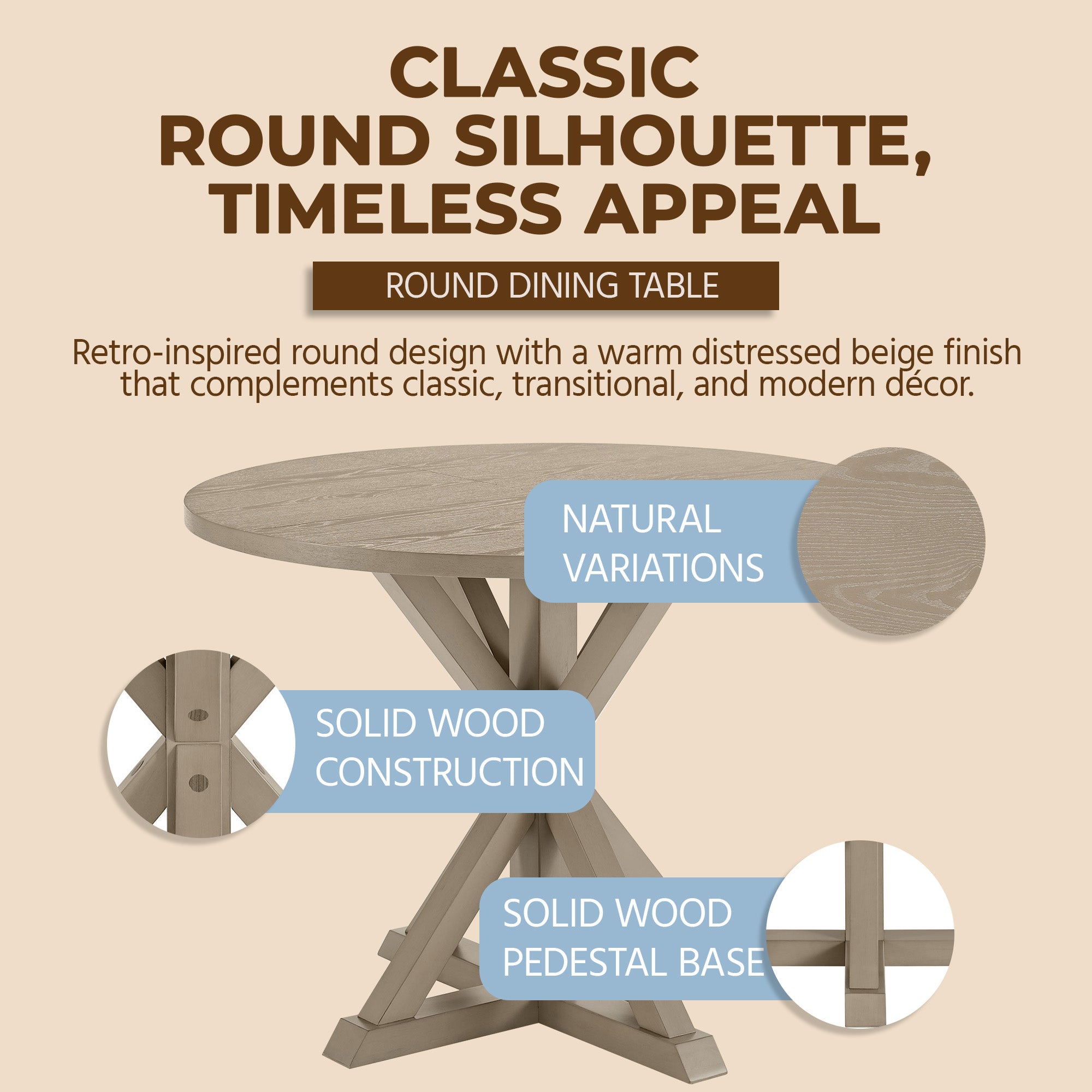 ROME + OAK Spier 40" Modern Farmhouse Pedestal Table, Rustic Beige (Open Box)