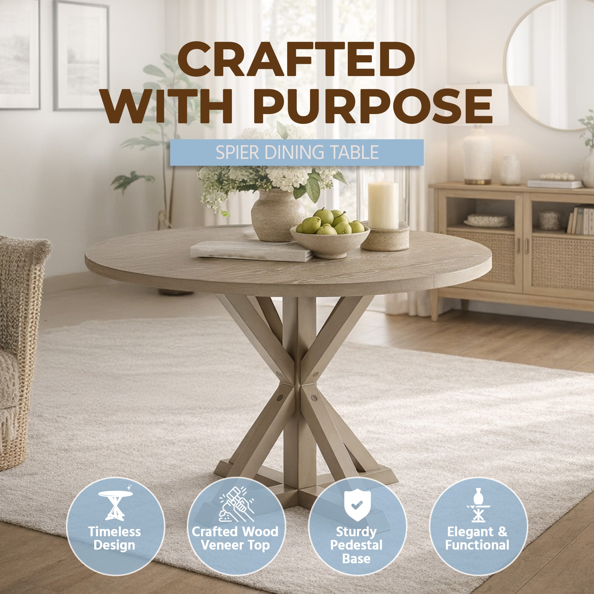 ROME + OAK Spier 40" Modern Farmhouse Pedestal Table, Rustic Beige (Open Box)