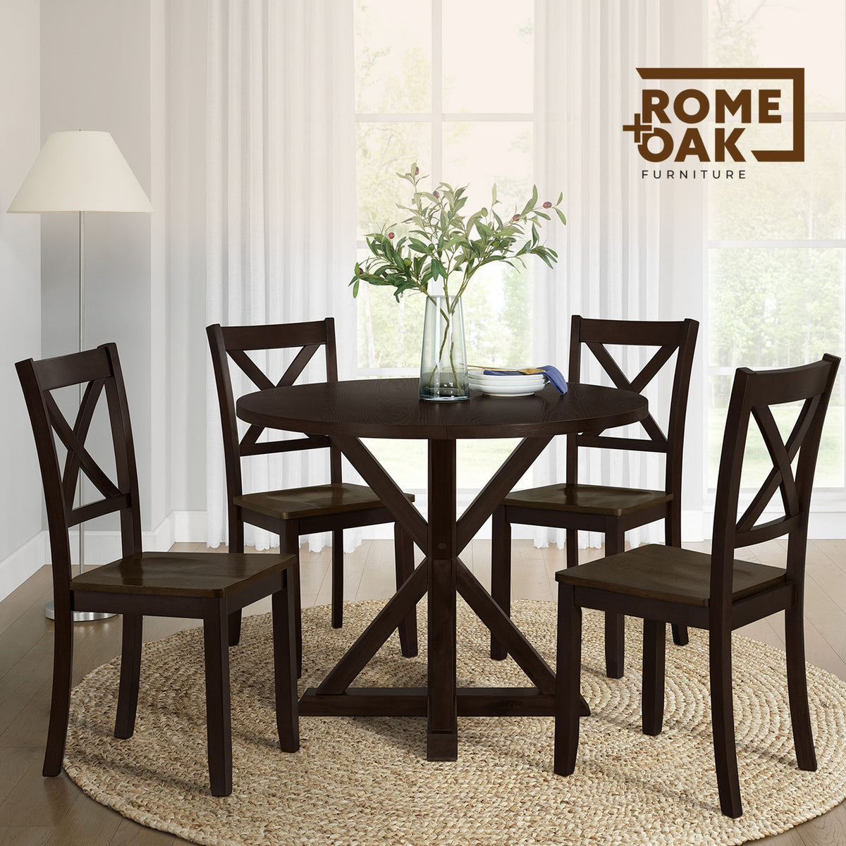 ROME + OAK Farmhouse Dining Set with 40" Round Table and 4 Chairs, Dark Brown