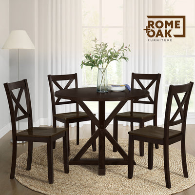 ROME + OAK Farmhouse Dining Set with 40" Round Table and 4 Chairs, Dark Brown