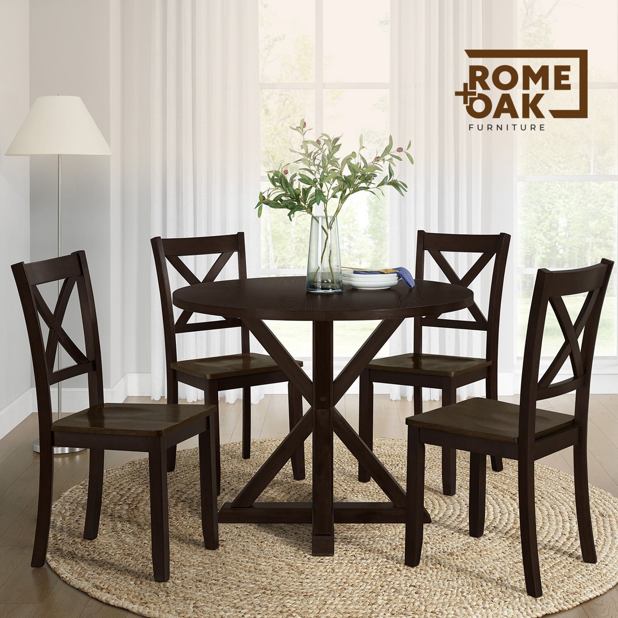 ROME + OAK Farmhouse Dining Set with 40" Round Table and 4 Chairs, Dark Brown - VMInnovations