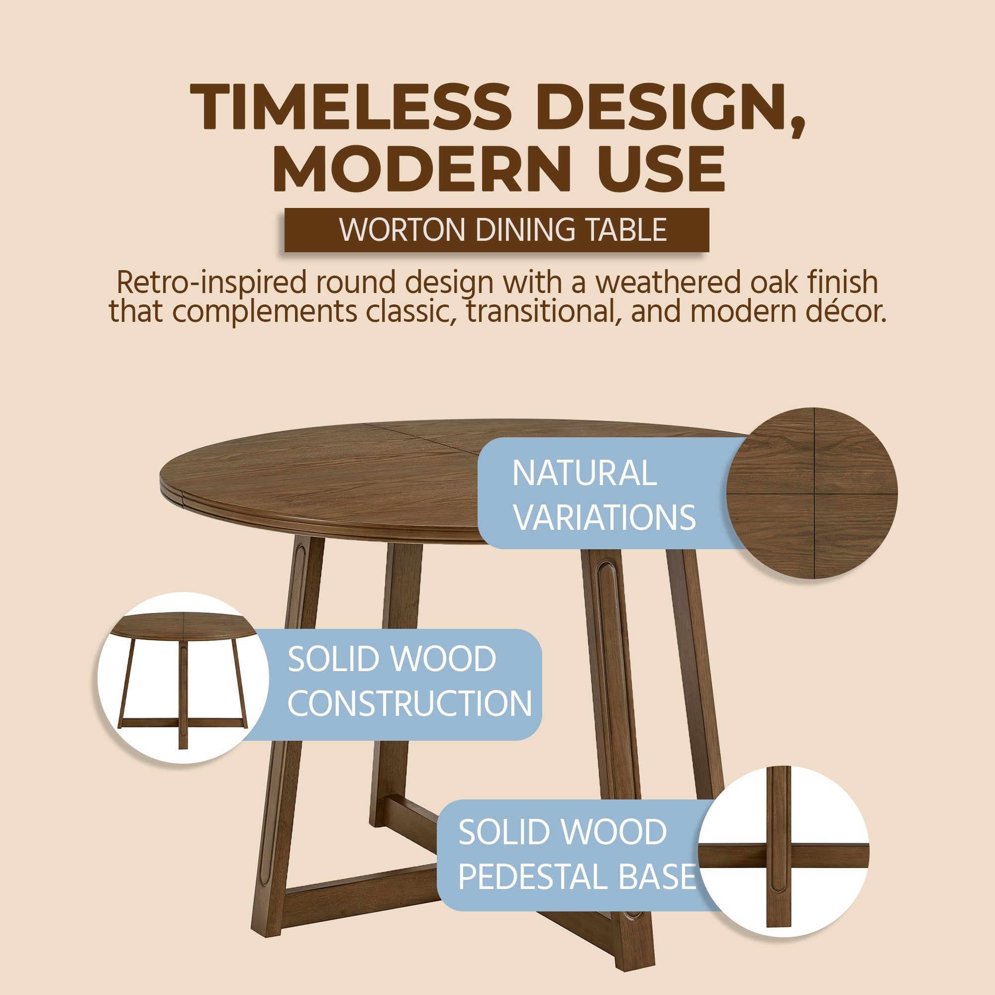 ROME + OAK Dining Set with 4 Remy Chairs & Worton 45" Round Table, Weathered Oak - VMInnovations