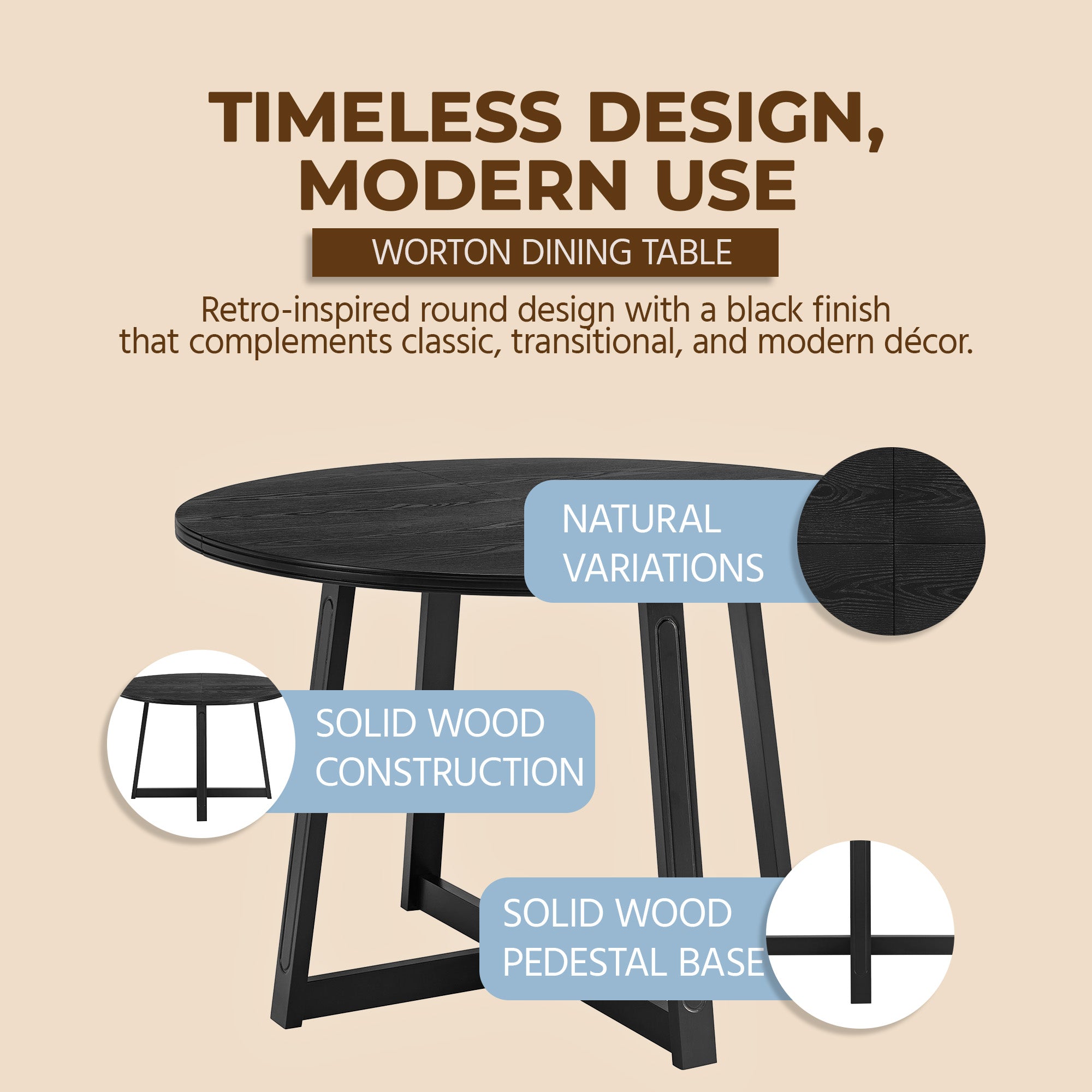ROME + OAK Dining Set with 4 Remy Chairs & Worton 45" Round Table, Black Finish - VMInnovations