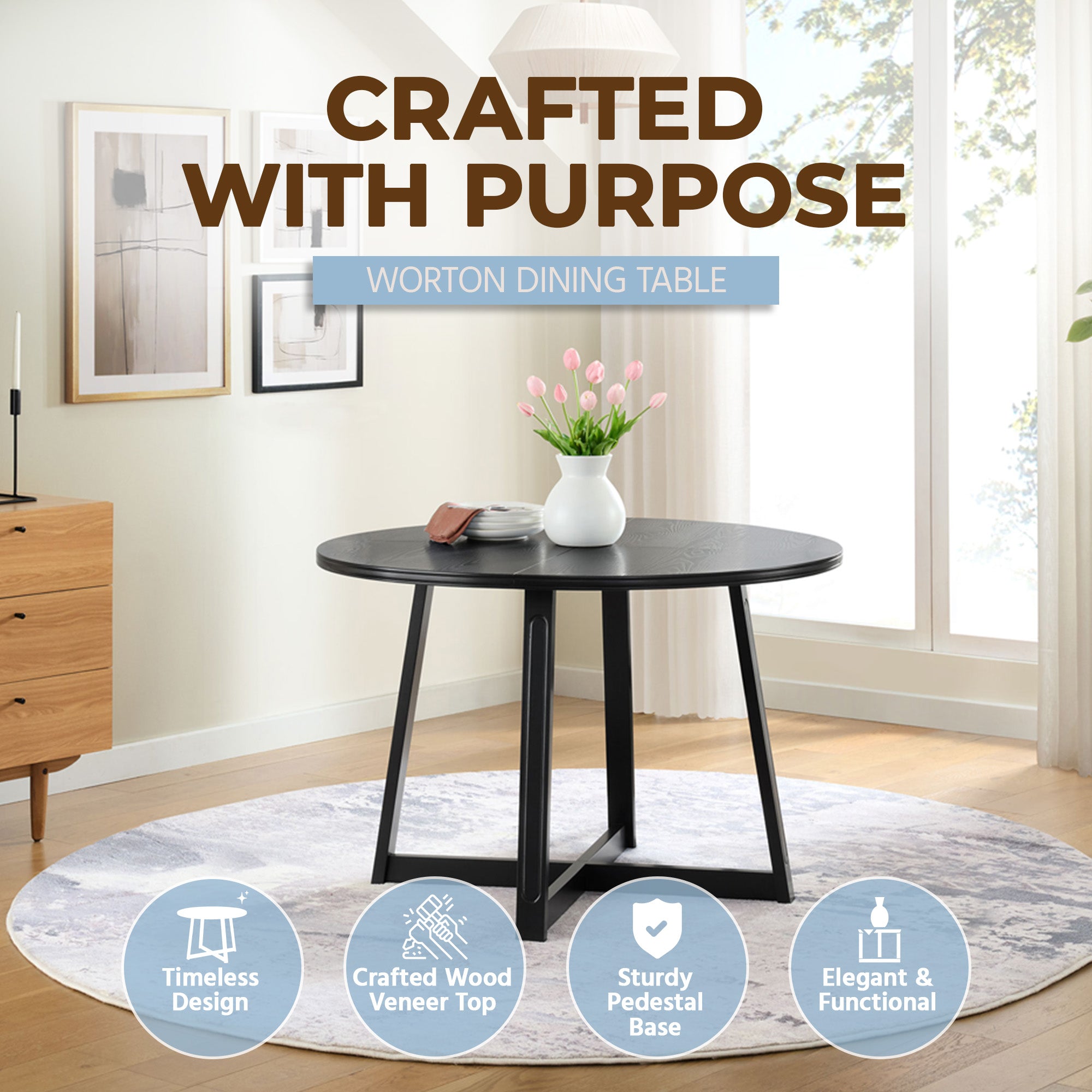 ROME + OAK Dining Set with 4 Remy Chairs & Worton 45" Round Table, Black Finish - VMInnovations