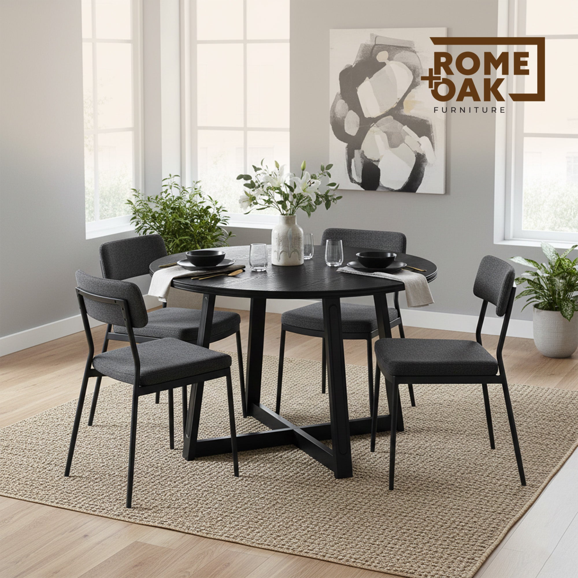 ROME + OAK Worton 45" Modern Farmhouse Round Dining Table, Wood Furniture, Black - VMInnovations