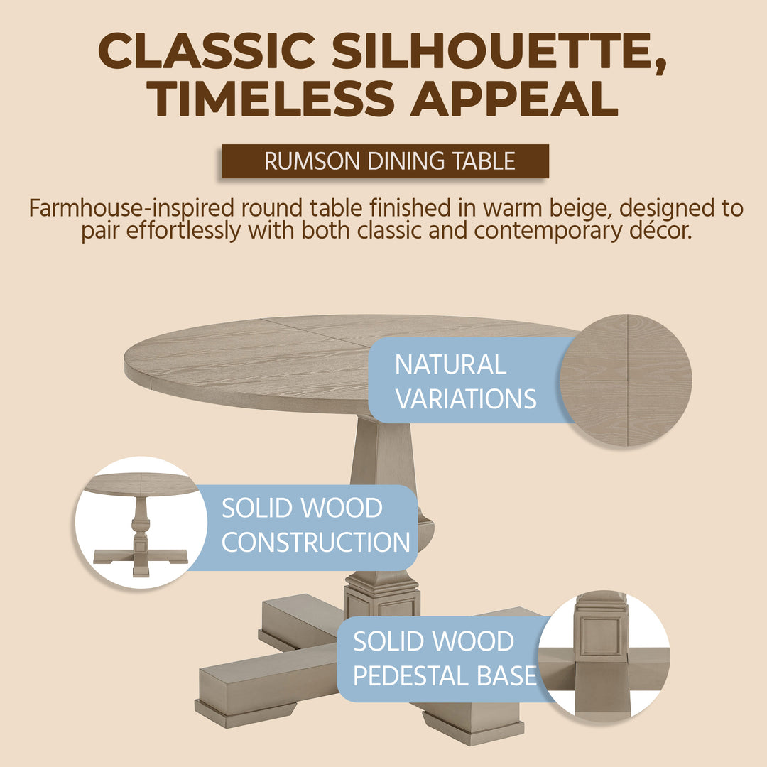 ROME + OAK Rumson 44" Modern Farmhouse Pedestal Dining Table, Rustic Beige