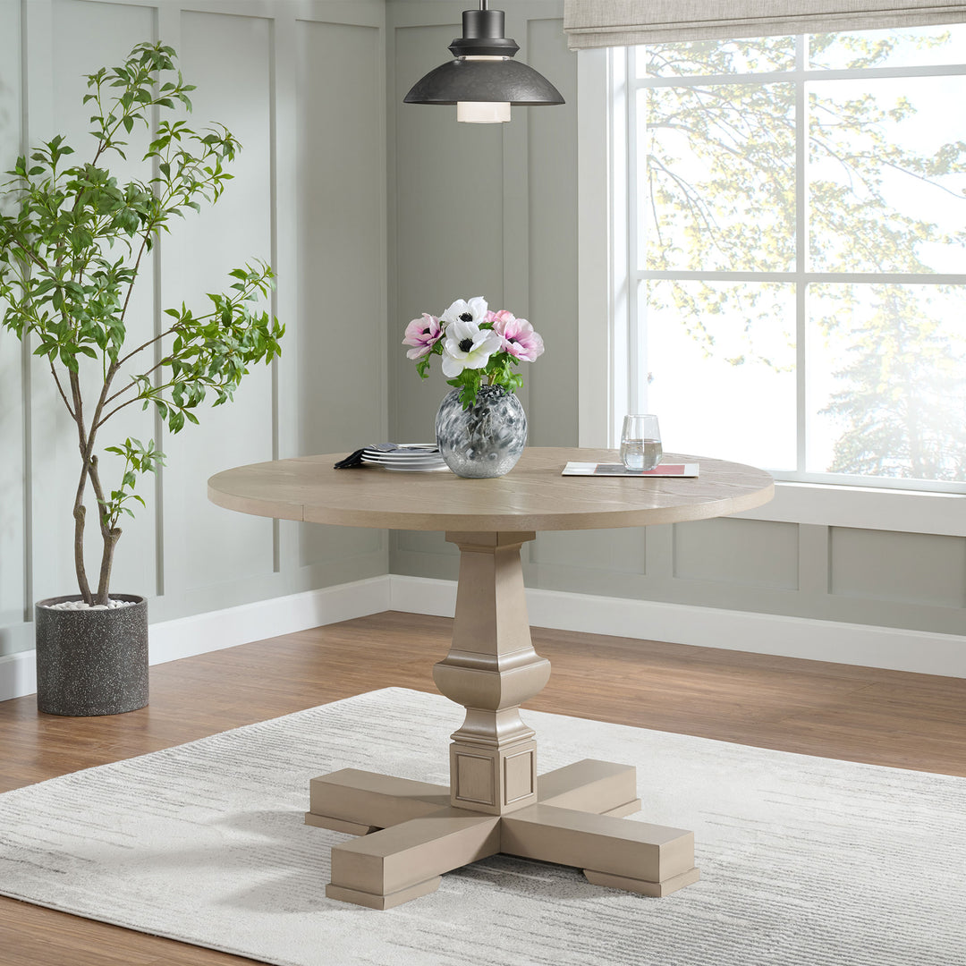 ROME + OAK Rumson 44" Modern Farmhouse Pedestal Dining Table, Rustic Beige