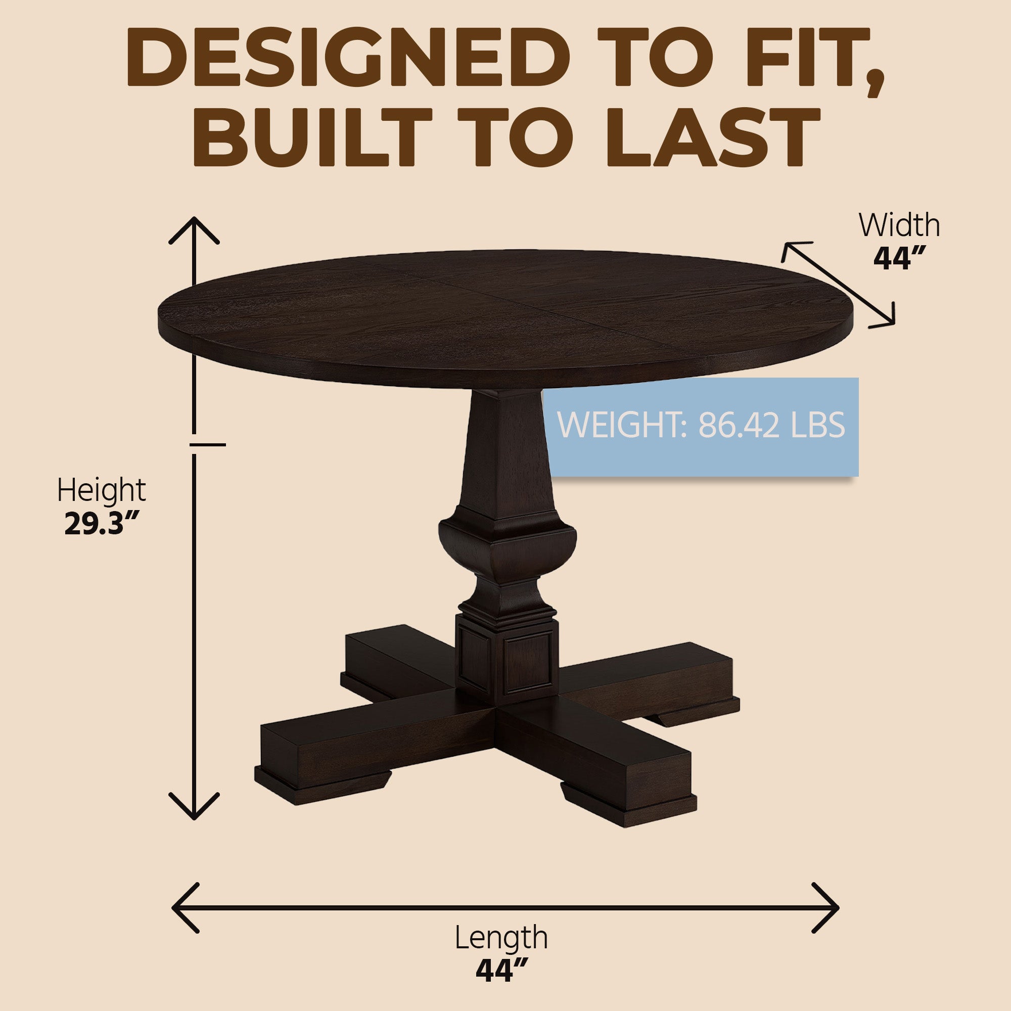 ROME + OAK Farmhouse Dining Set with 44" Round Table and 4 Chairs, Dark Brown