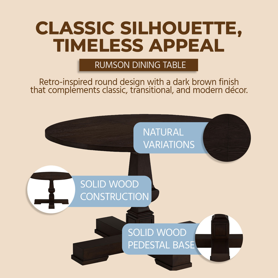 ROME + OAK Rumson 44" Modern Farmhouse Pedestal Dining Table, Dark Brown