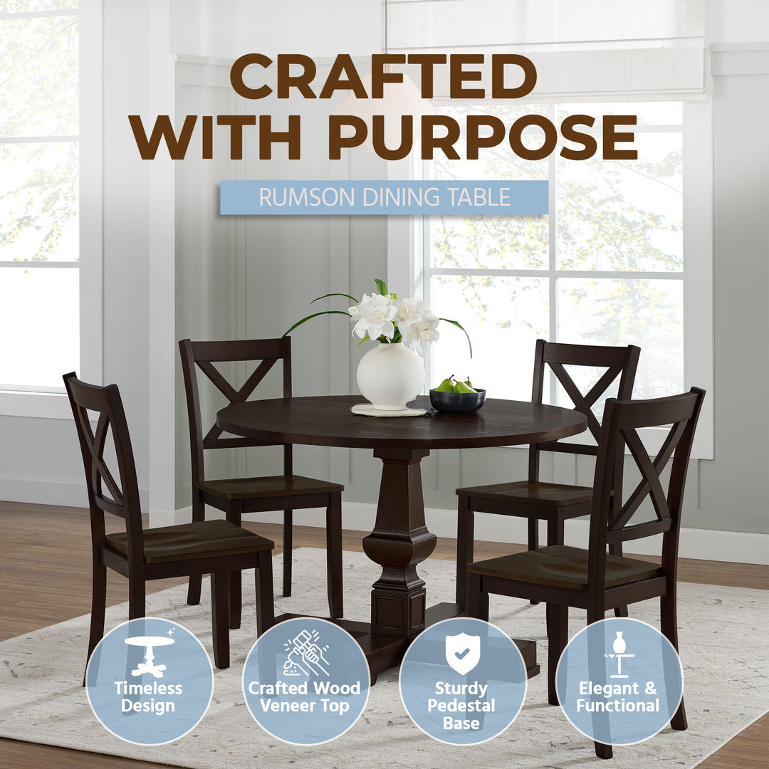 ROME + OAK Rumson 44" Modern Farmhouse Pedestal Dining Table, Dark Brown