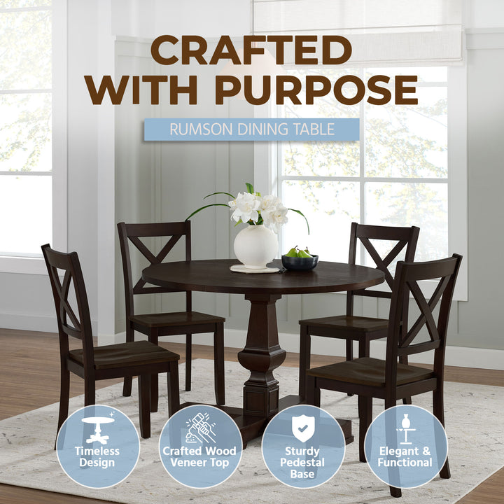 ROME + OAK Rumson 44" Modern Farmhouse Pedestal Dining Table, Dark Brown