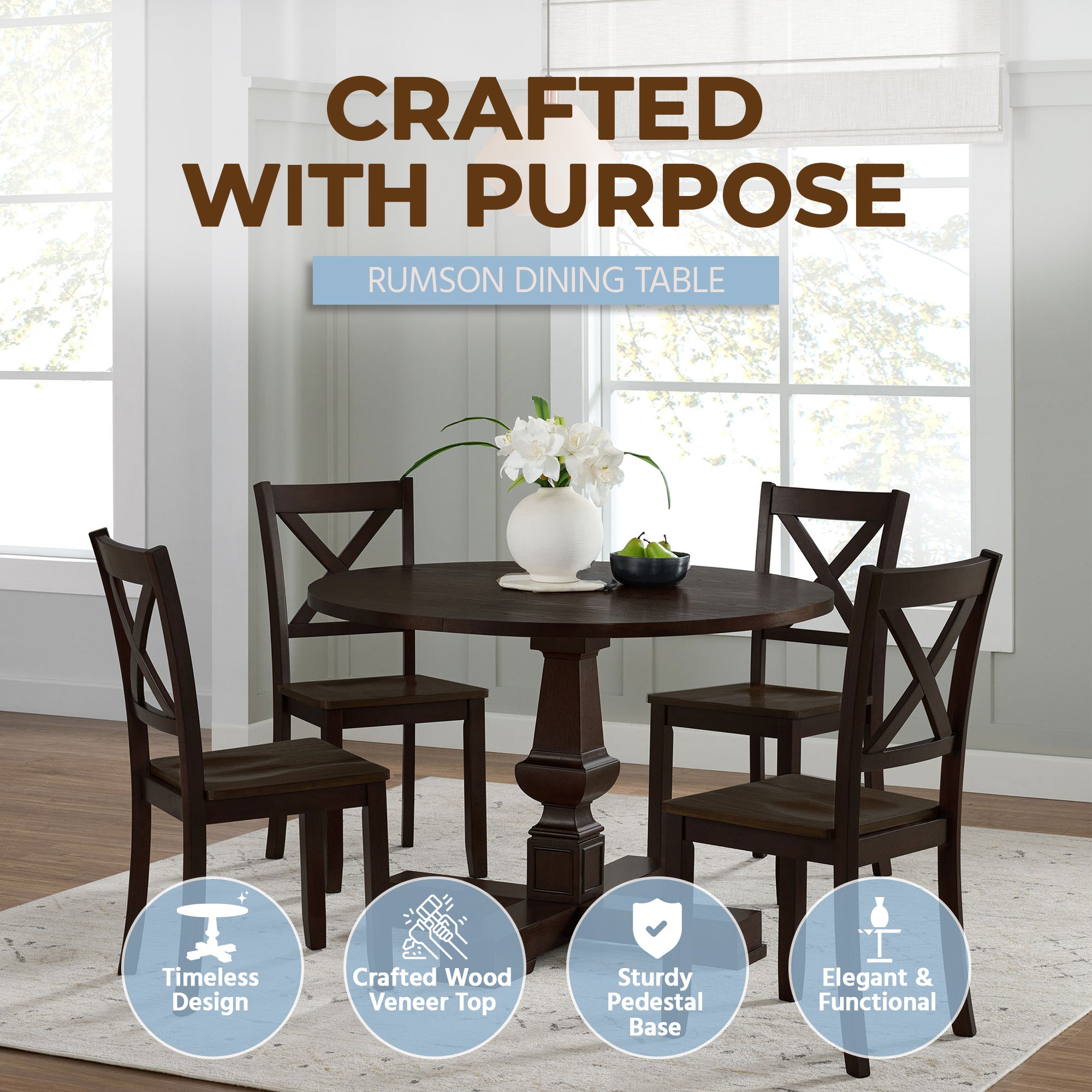 ROME + OAK Farmhouse Dining Set with 44" Round Table and 4 Chairs, Dark Brown