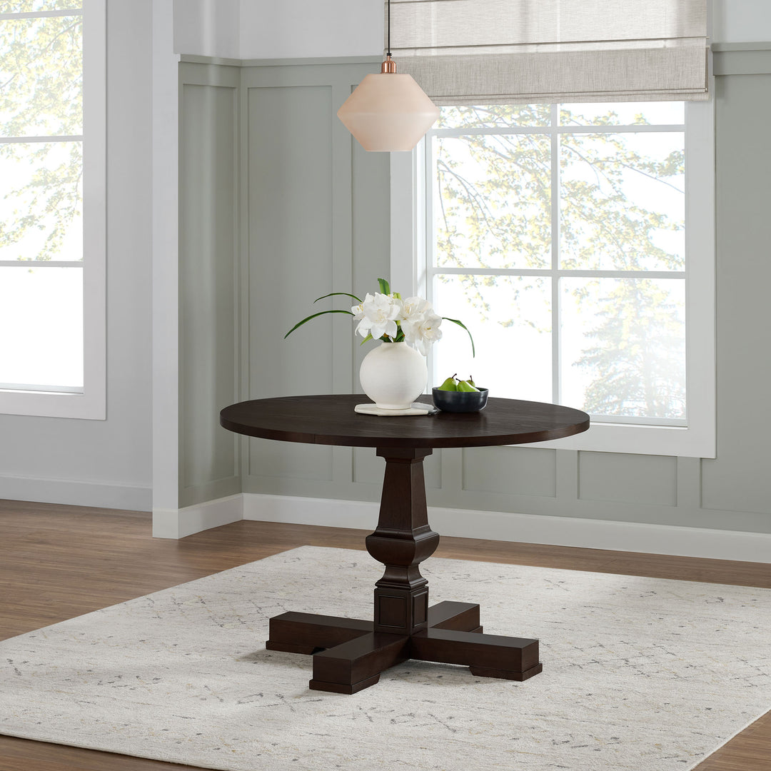 ROME + OAK Rumson 44" Modern Farmhouse Pedestal Dining Table, Dark Brown