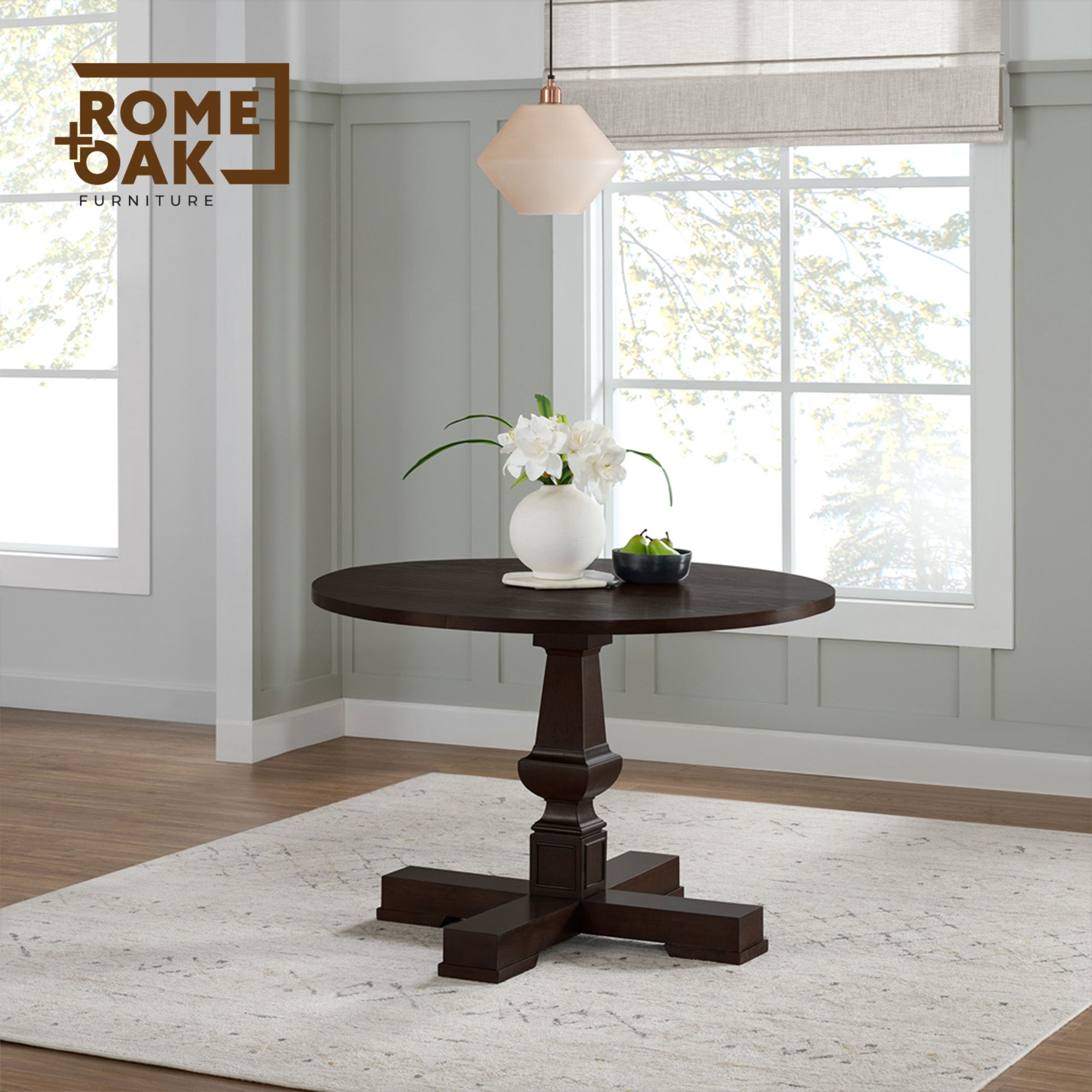 ROME + OAK Farmhouse Dining Set with 44" Round Table and 4 Chairs, Dark Brown