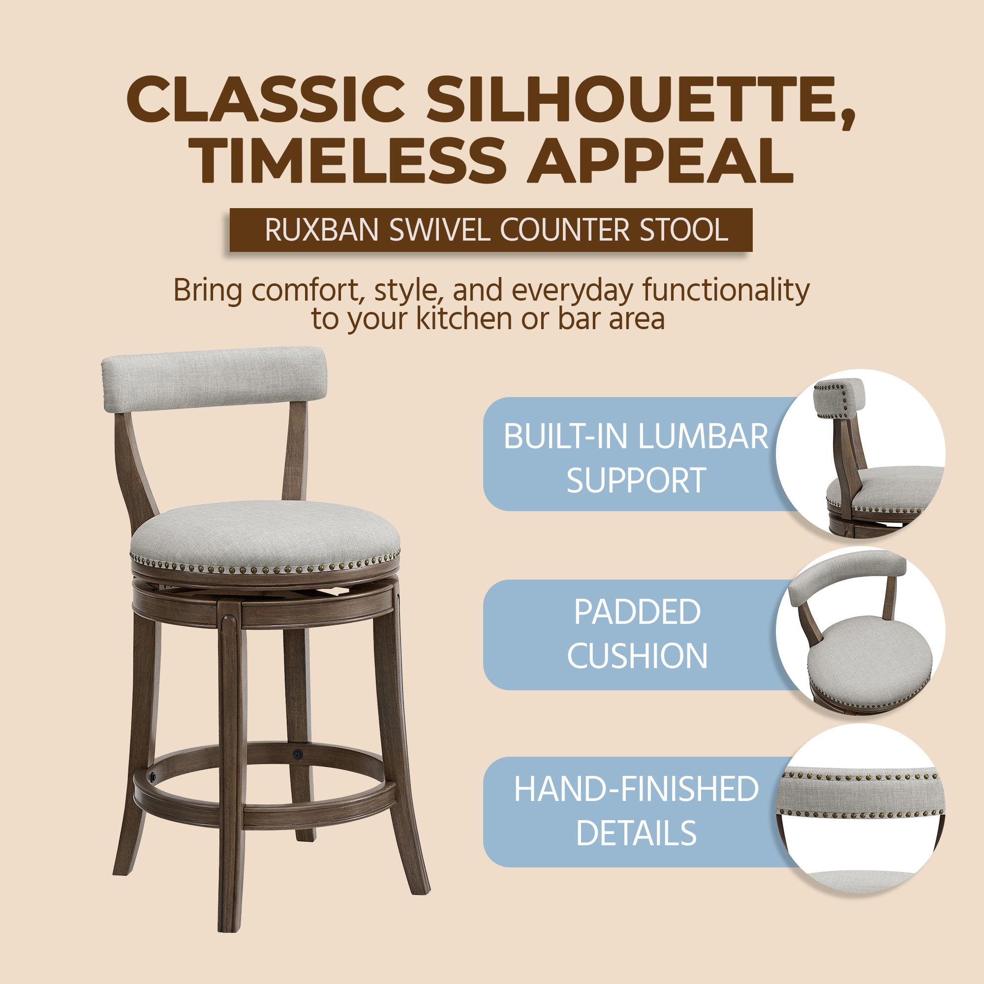 ROME + OAK Ruxban 26" Swivel Counter Stool, Weathered Oak, Sand Fabric, Set of 4