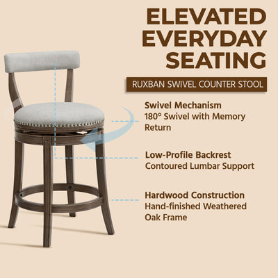 ROME + OAK Ruxban 26" Swivel Counter Stool, Weathered Oak, Sand Fabric, Set of 4