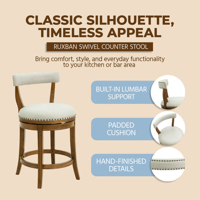 ROME + OAK Ruxban 26" Swivel Counter Stool, Weathered Oak Sand Fabric (Open Box)