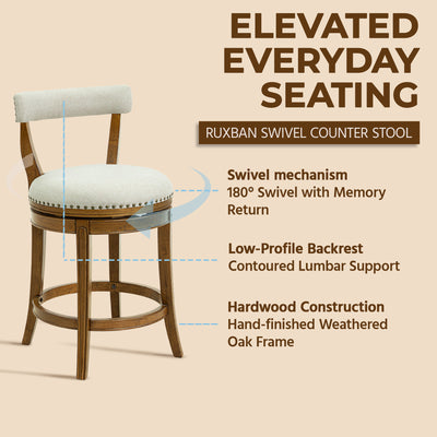 ROME + OAK Ruxban 26" Swivel Counter Stool, Weathered Oak Sand Fabric (Open Box)