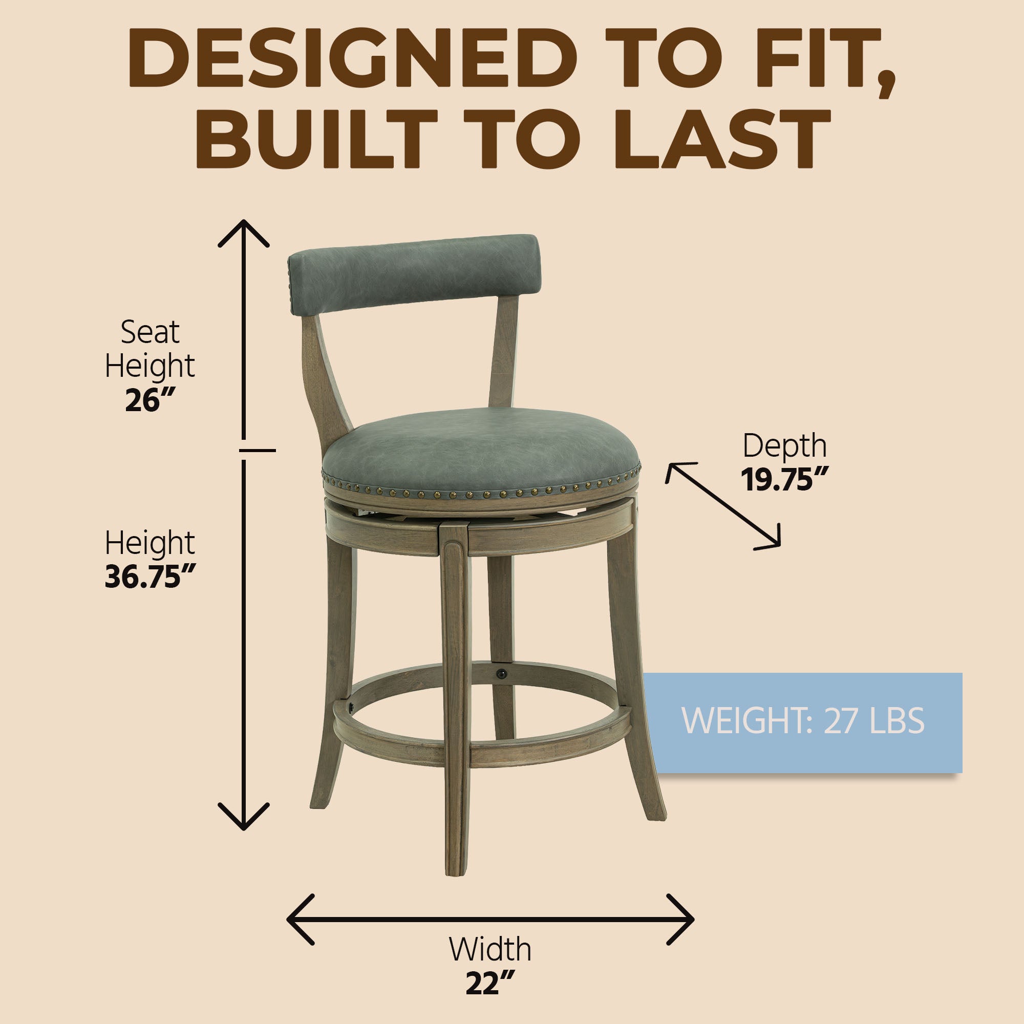 ROME + OAK Ruxban 26" Swivel Counter Stool, Oak, Stone Vegan Leather, Set of 2