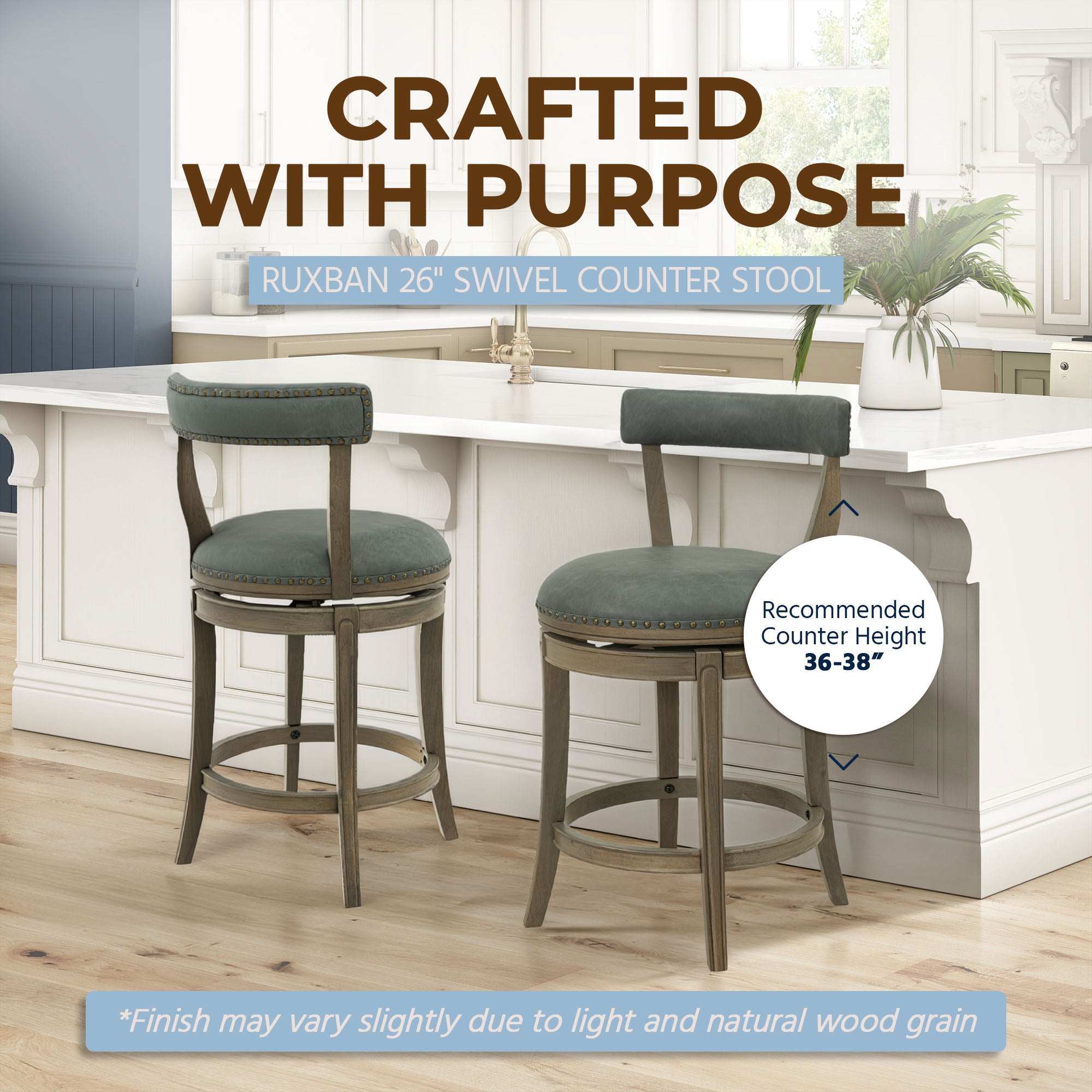 ROME + OAK Ruxban 26" Swivel Counter Stool, Oak, Stone Vegan Leather, Set of 4
