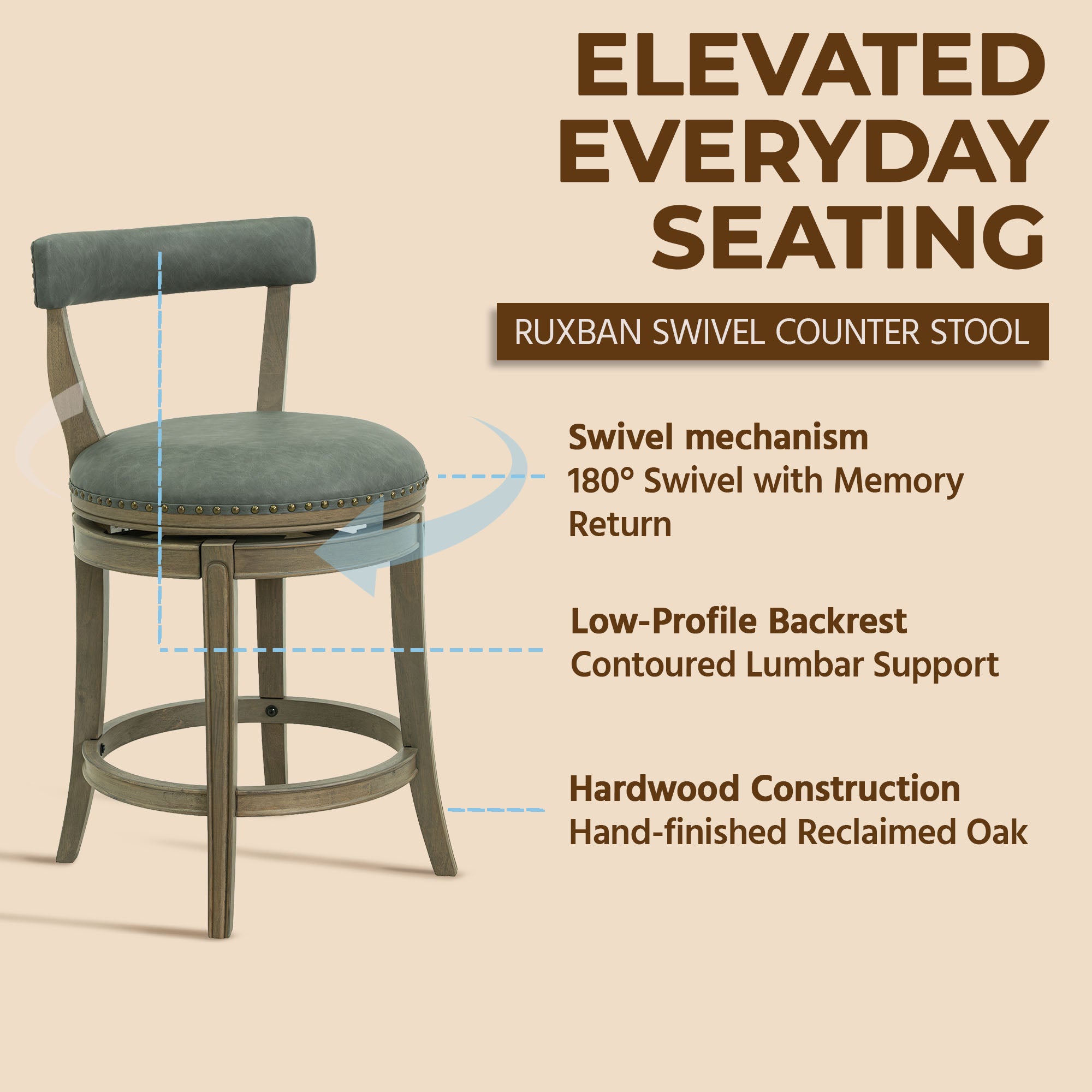 ROME + OAK Ruxban 26" Swivel Counter Stool, Oak, Stone Vegan Leather, Set of 4