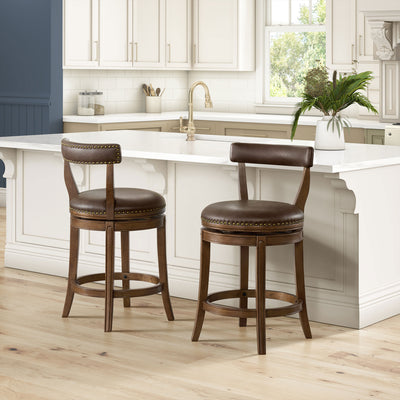 ROME + OAK Ruxban 26" Swivel Counter Stool, Walnut with Brown Leather, Set of 2 - VMInnovations