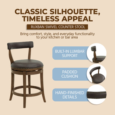 ROME + OAK Ruxban 26" Swivel Counter Stool, Walnut, Saddle Brown Vegan Leather - VMInnovations