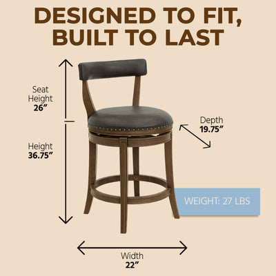 ROME + OAK Ruxban 26" Swivel Counter Stool, Walnut, Saddle Brown Vegan Leather - VMInnovations