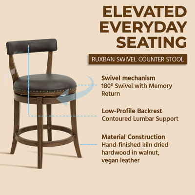 ROME + OAK Ruxban 26" Swivel Counter Stool, Walnut, Saddle Brown Vegan Leather - VMInnovations