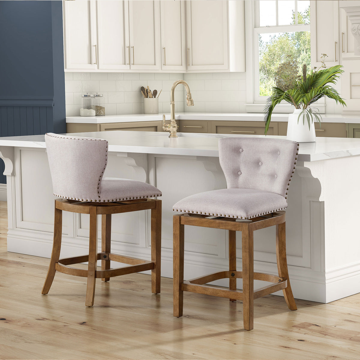ROME + OAK Carlynd 26" Swivel Counter Stool, Weathered Oak, Sand Fabric,Set of 4