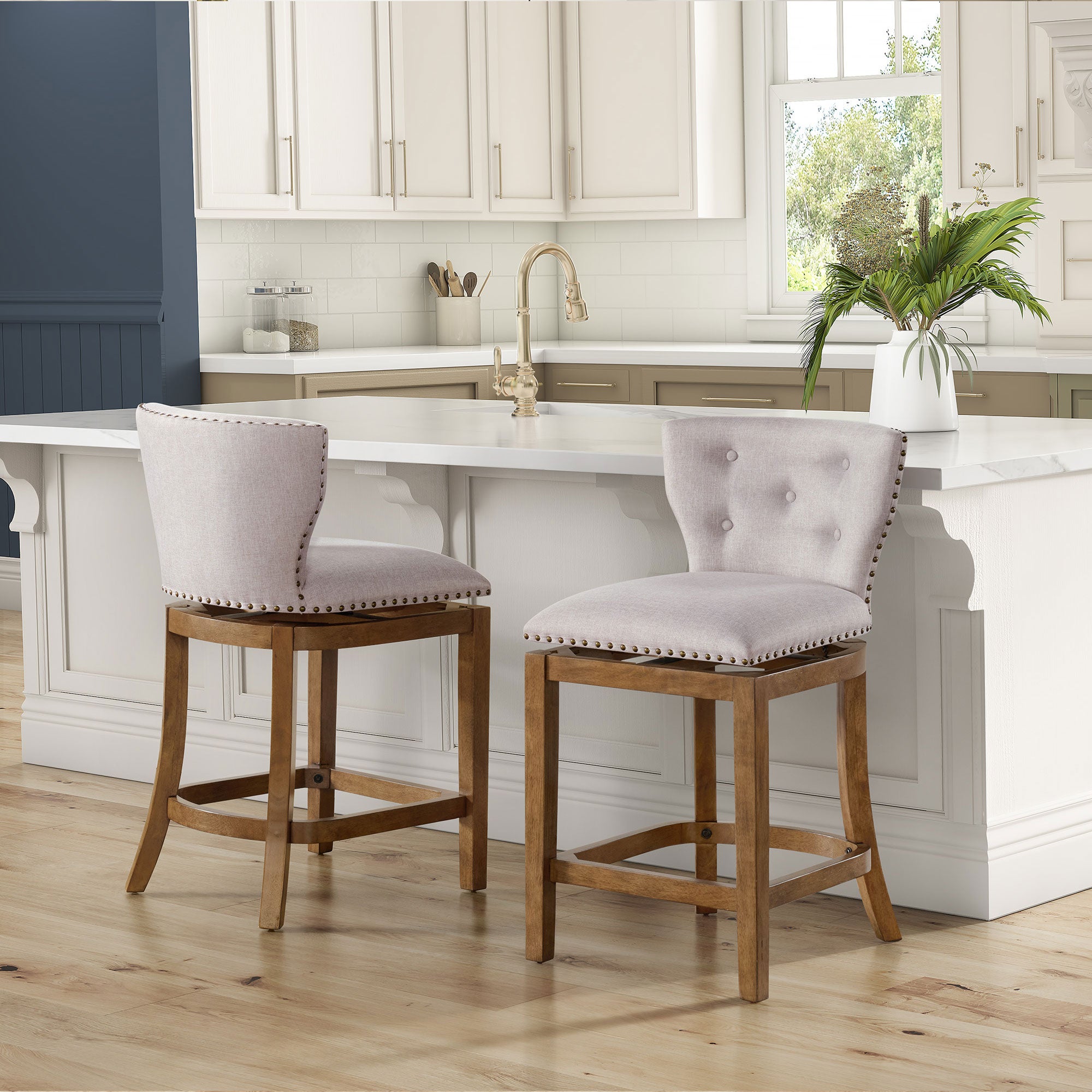 ROME + OAK Carlynd 26" Swivel Counter Stool, Weathered Oak, Sand Fabric,Set of 3