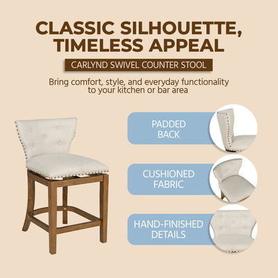 ROME + OAK Carlynd 26" Swivel Counter Stool, Weathered Oak, Sand Fabric - VMInnovations