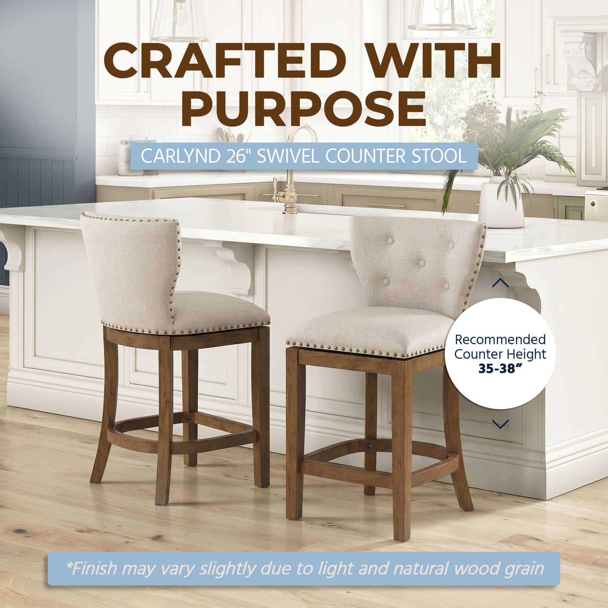 ROME + OAK Carlynd 26" Swivel Counter Stool, Weathered Oak, Sand Fabric - VMInnovations