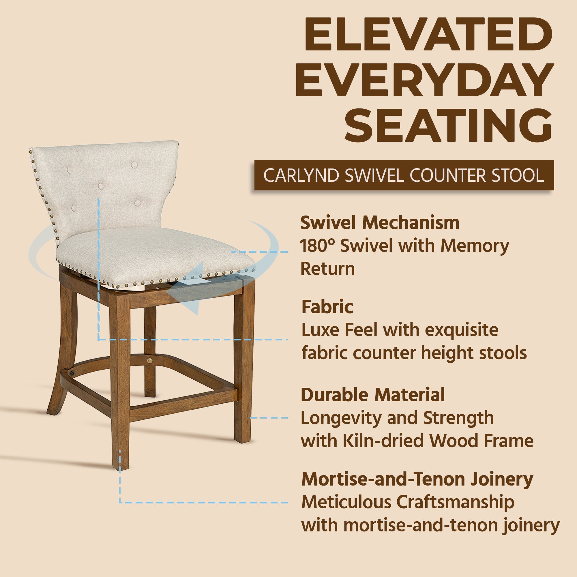 ROME + OAK Carlynd 26" Swivel Counter Stool, Weathered Oak, Sand Fabric - VMInnovations