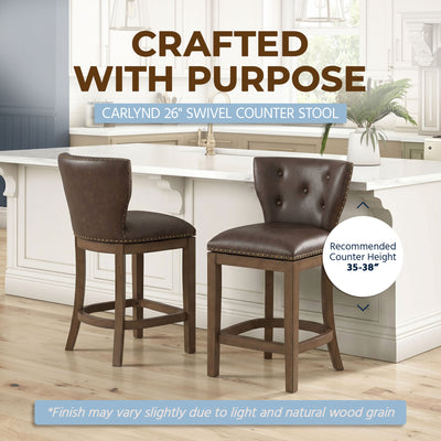 ROME + OAK Carlynd 26" Swivel Counter Stool, Walnut with Brown Leather, Set of 2