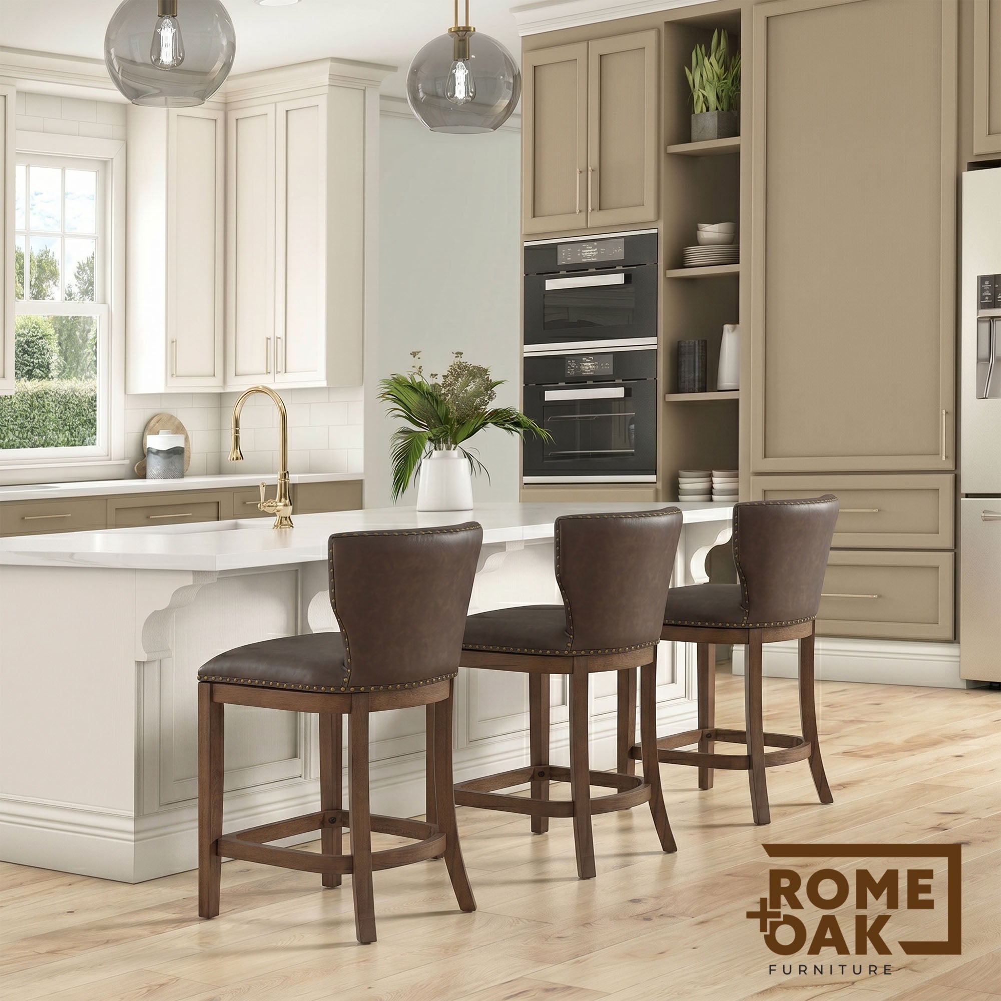 ROME + OAK Carlynd 26" Swivel Counter Stool, Walnut with Brown Leather, Set of 2