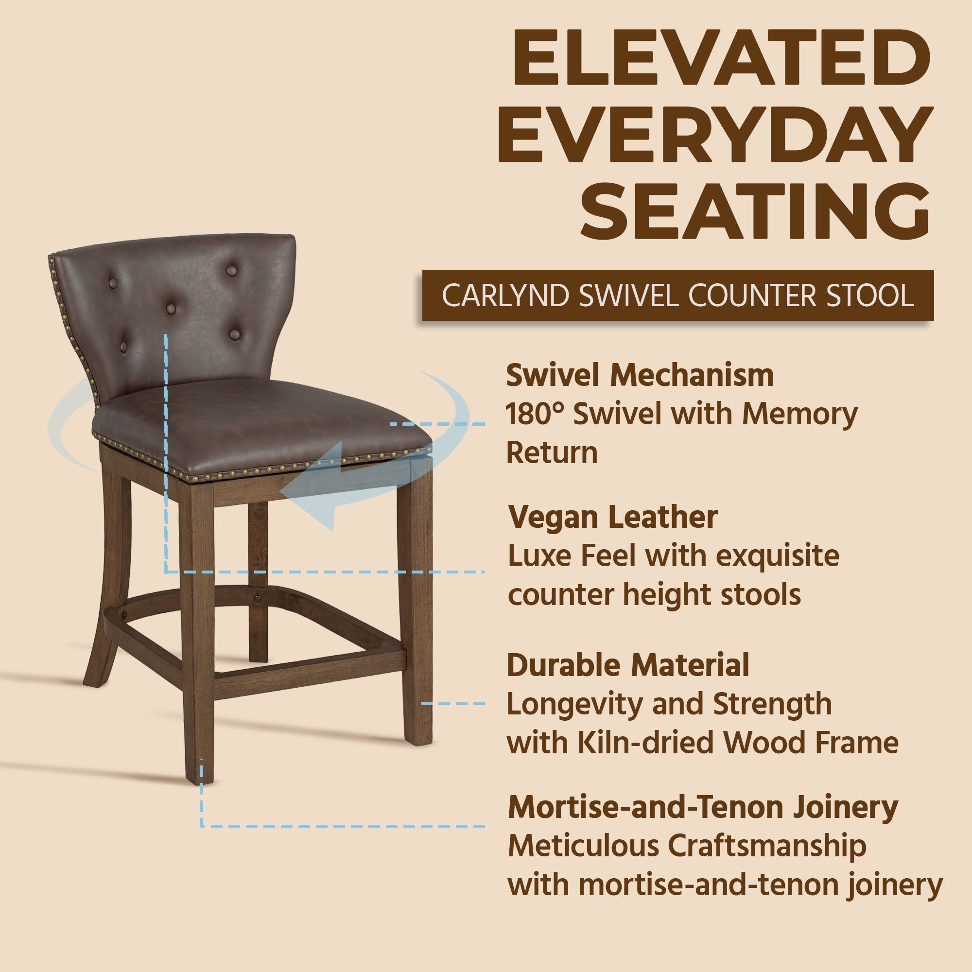 ROME + OAK Carlynd 26" Swivel Counter Stool, Walnut with Brown Leather, Set of 2