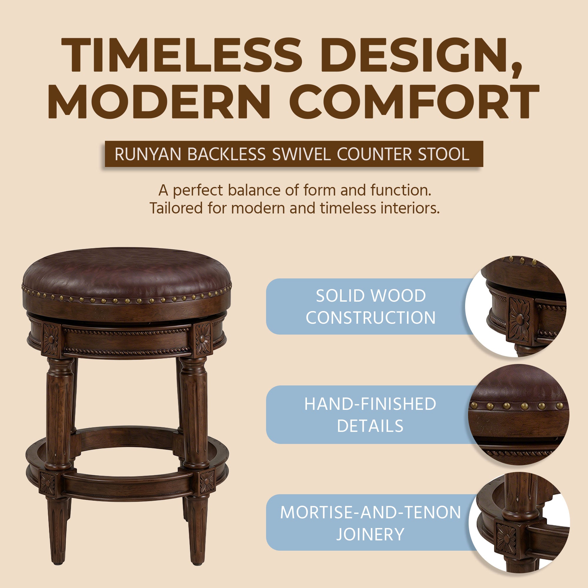 ROME + OAK Runyan Backless Swivel Counter Stoolt, Brown Vegan Leather (Open Box)