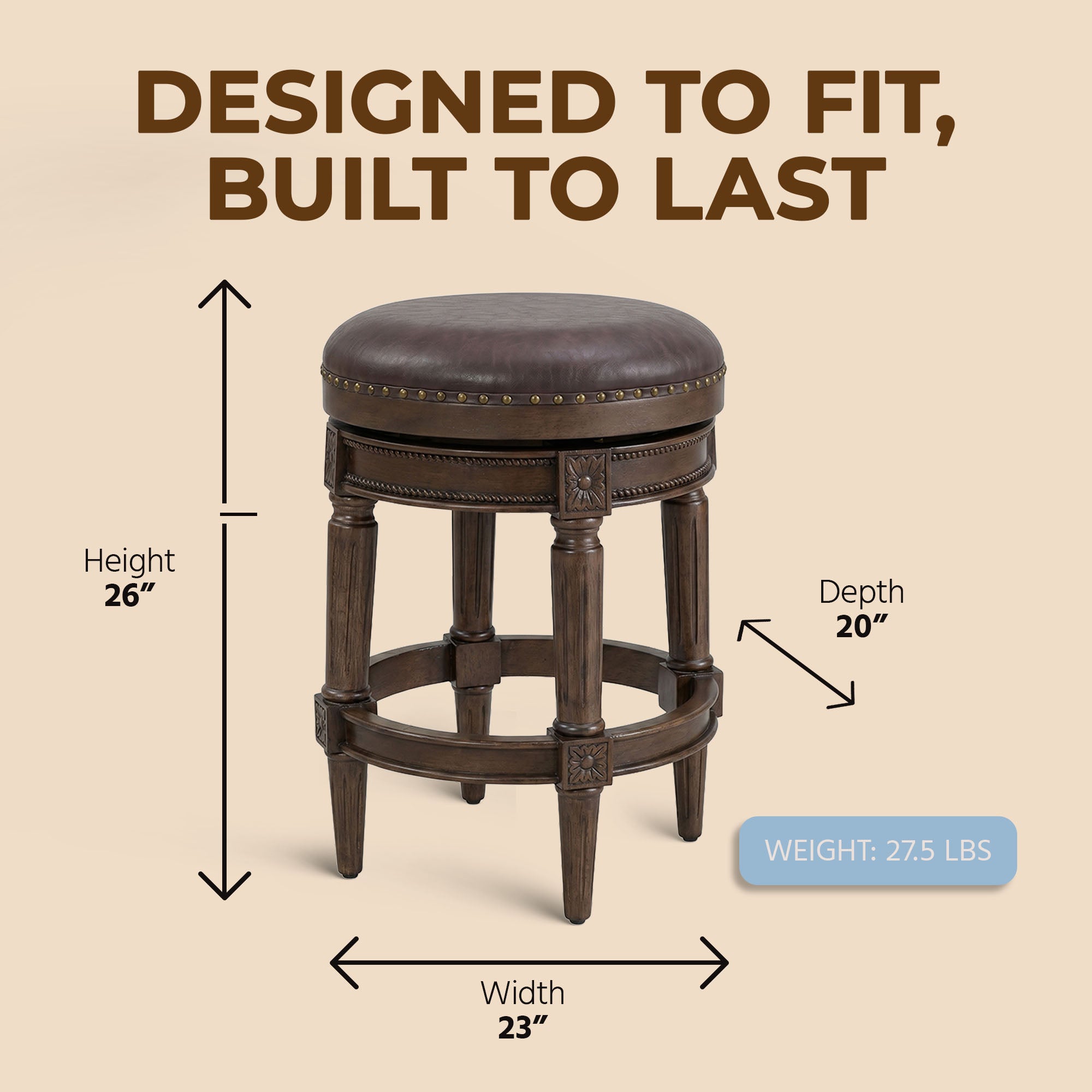 ROME + OAK Runyan Backless Swivel Counter Stoolt, Brown Vegan Leather (Open Box)