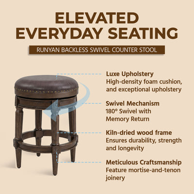 ROME + OAK Runyan Backless Swivel Counter Stoolt, Brown Vegan Leather (Open Box)