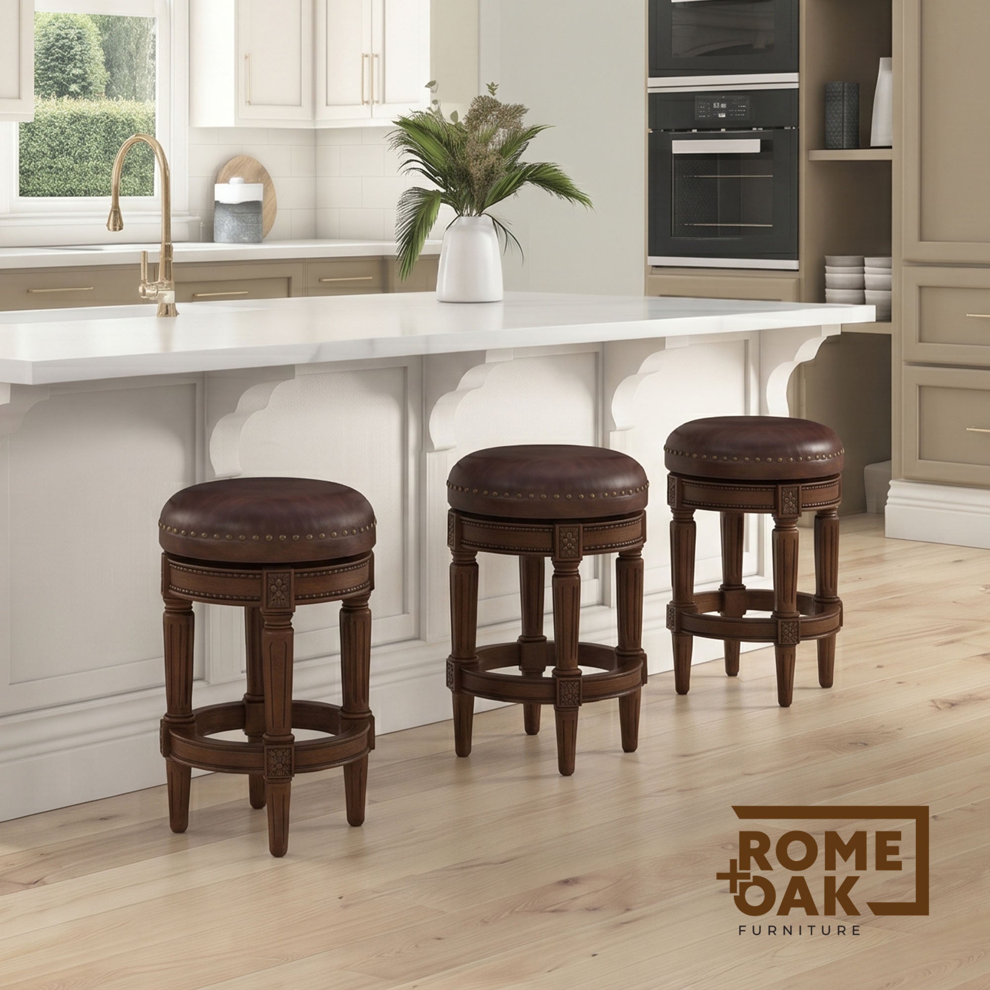 ROME + OAK Runyan Backless Swivel Counter Stoolt, Brown Vegan Leather (Open Box)