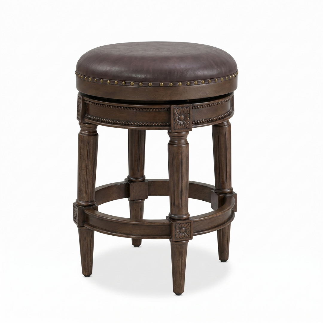ROME + OAK Runyan 26" Backless Swivel Counter Stool, Walnut, Brown Vegan Leather - VMInnovations