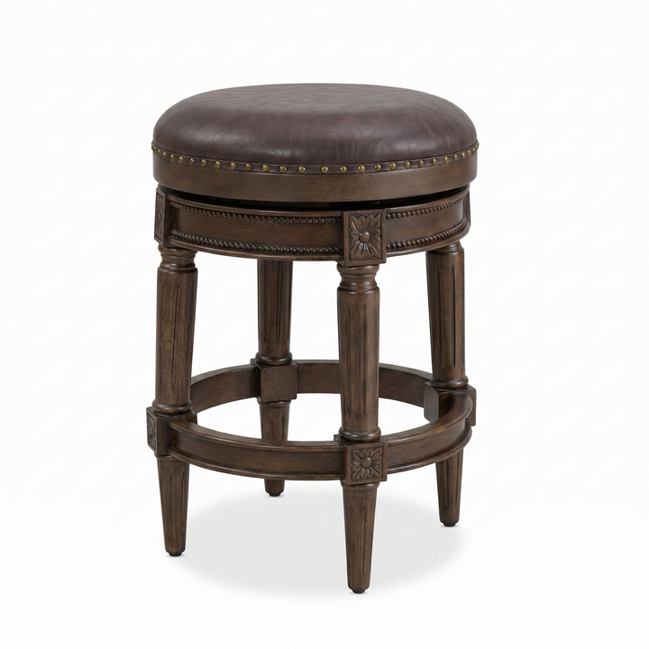 ROME + OAK Runyan 26" Backless Swivel Counter Stool, Walnut, Brown Vegan Leather - VMInnovations