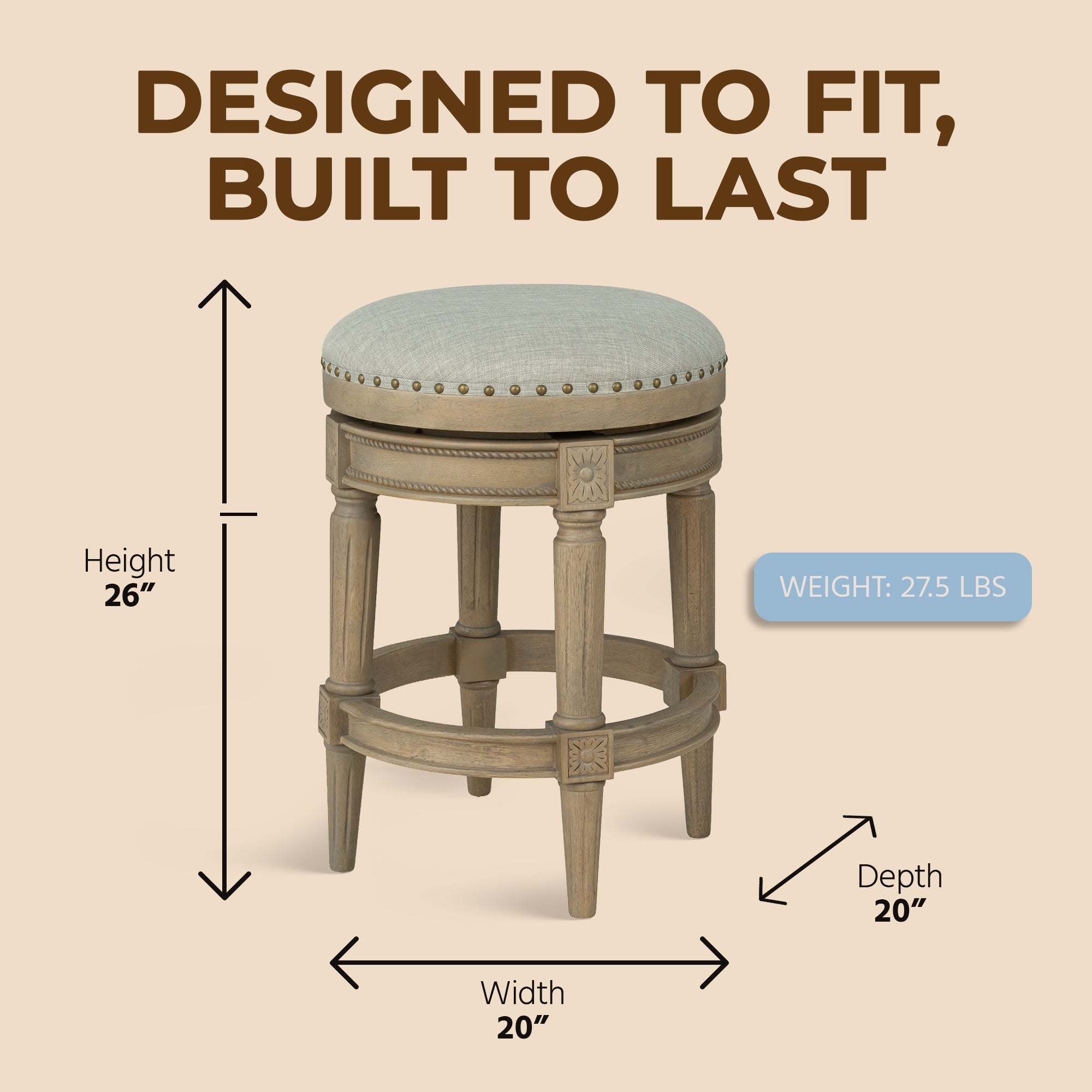 ROME + OAK Runyan 26" Swivel Counter Stool, Reclaimed Oak, Grey Fabric, Set of 4